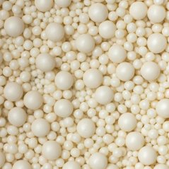 Měkké bílé cukrové perly 3–10 mm – mix velikostí